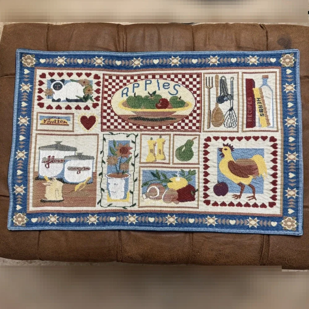 Vintage Tapestry Placemats Set of 7 Blue Red Farmhouse Rooster Apple Kitchen